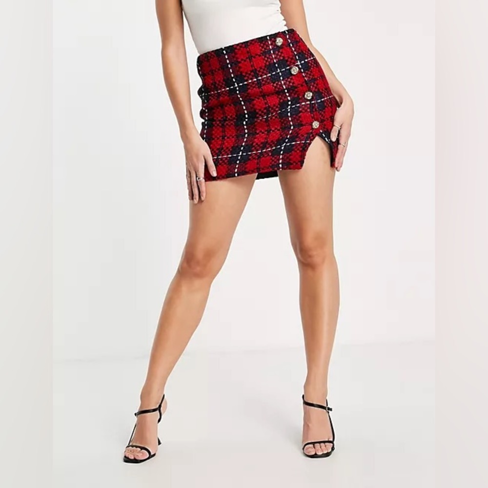 River Island Red Plaid Tartan Skirt - Picture 1 of 3